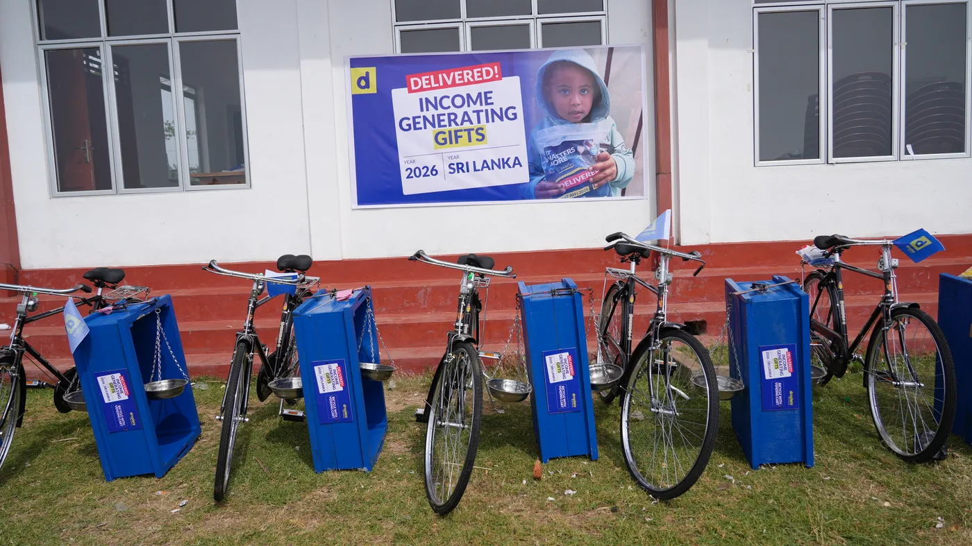 Bicycle-mounted vending carts delivered as income-generating gifts by Droplets of Mercy in Sri Lanka